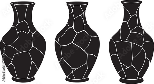 Three decorative black vases with cracked pattern silhouette