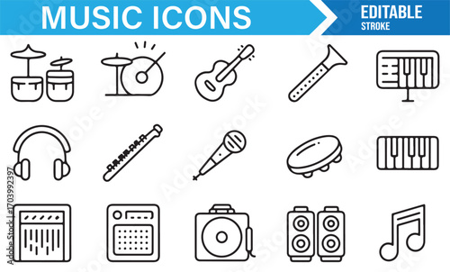Music equipment icons – editable vector line collection of instruments and sound gear for creative projects