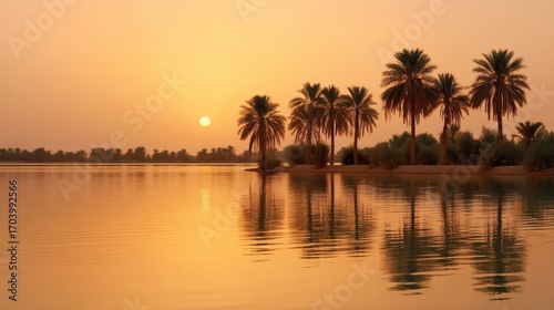 Tranquil Sunset Over Serene Oasis with Palm Trees and Golden Sky Reflection on Calm Water Surface in Idyllic Landscape