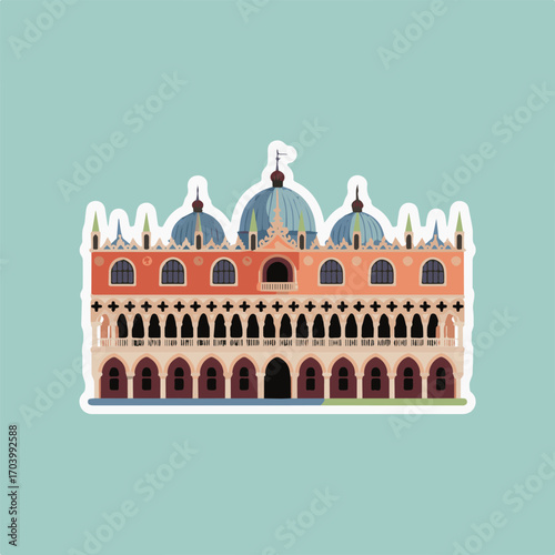 A sticker of the doges palace in venice, italy, featuring a detailed illustration of the iconic building with its distinctive arches, domes, and ornate facade on a light blue background