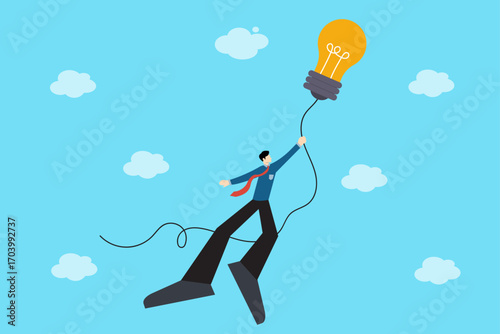Businessman flying with lightbulb balloon creative innovation idea success vector illustration