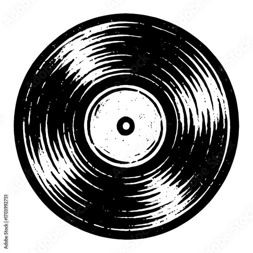 Distressed Vintage Vinyl Record Illustration: A High-Contrast Black and White Grunge LP Disc with Visible Grooves and Central Label Area, Evoking Retro Music Nostalgia, Analog Audio, and Classic DJ Cu