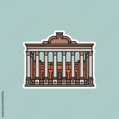 A sticker of the bolshoi theatre in moscow, russia, featuring a detailed illustration of the iconic building with its grand columns, classical design, and ornate facade on a light blue background