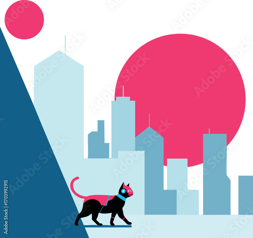 Black cat walking in modern cityscape with blue buildings and bright red suns vector illustration