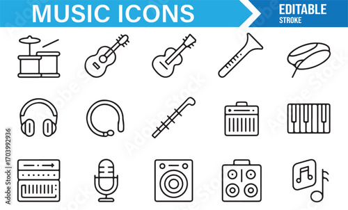 Music icon pack including drum kit, guitars, keyboard, speakers, and microphone – outline vector set