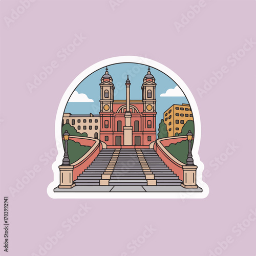 Illustration of the sanctuary of bom jesus do monte in braga, portugal, showcasing its iconic staircase and architecture, set against a pastel background, sticker style
