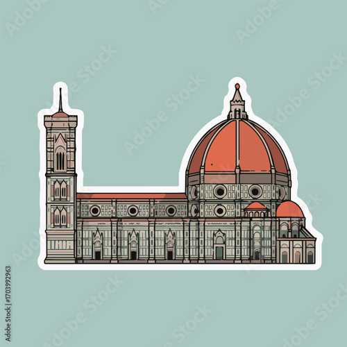 A sticker of florence cathedral in florence, italy, showcasing the iconic duomo with its grand dome, bell tower, and intricate architectural details on a light blue background