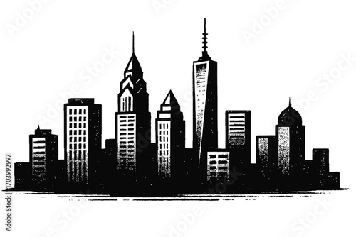 Black and white cityscape silhouette featuring iconic skyscrapers and modern architecture, embodying urban grandeur. A dynamic, textured illustration perfect for design, art, and powerful visual repre