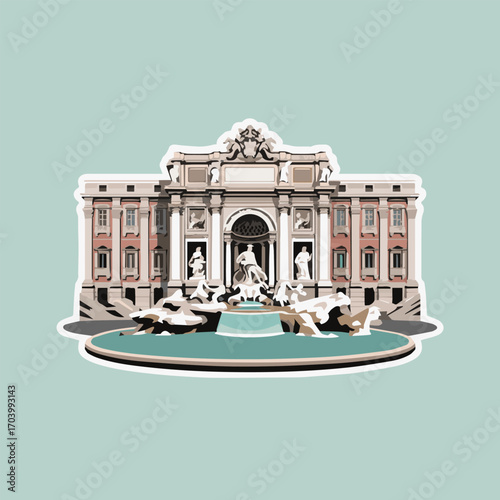 Illustration of the trevi fountain in rome, italy, showcasing its baroque architecture and sculptures, set against a pastel background, sticker style