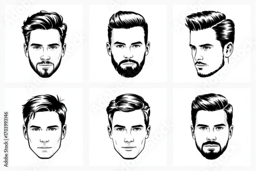 Stylish collection of diverse male hairstyles and beard styles, presented as illustrative portraits.
