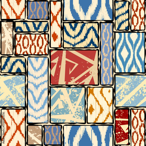 Seamless patchwork pattern. A collection of hand-drawn textures. Animal print for textiles. Ethnic and tribal motifs. Boho Style Vector