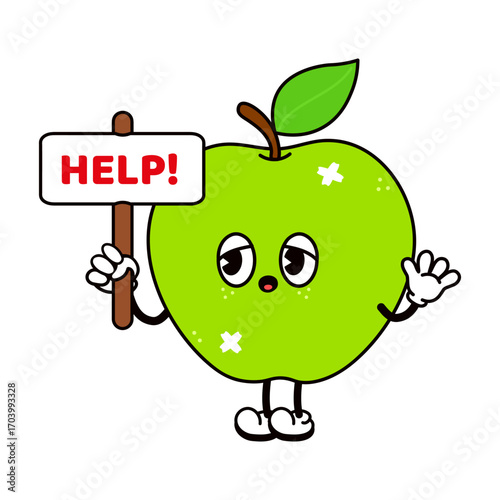 Cartoon apple character holding a 'Help!' sign and waving for assistance.