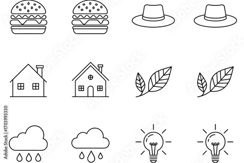 Collection of simple, clean outline icons representing food, fashion, housing, nature, and energy.