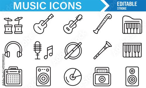 Vector music instrument icons – guitar, drums, microphone, piano, speakers, headphones, amplifier, audio set