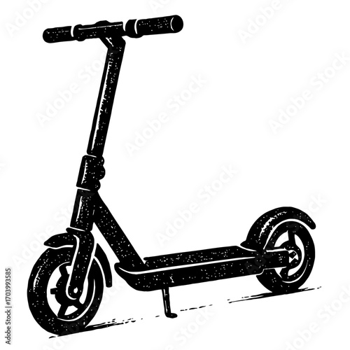 Black textured silhouette of a modern electric kick scooter, perfect for urban commuting and eco-friendly personal mobility. This stylish e-scooter offers efficient, fast, and sustainable last-mile tr