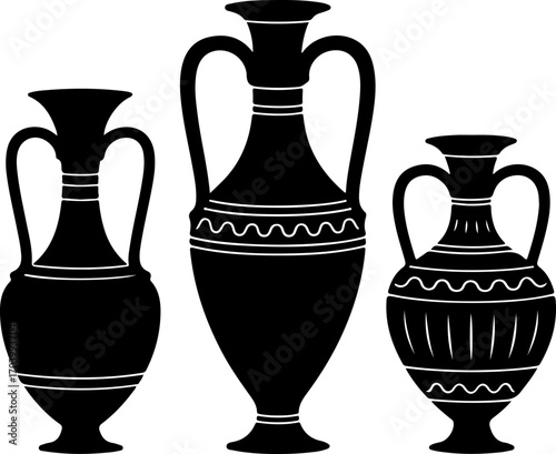 Sketch of three antique amphorae and vases vector illustration