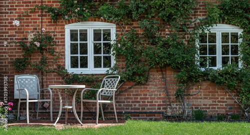 English garden with stylish table and chairs and climbing roses.