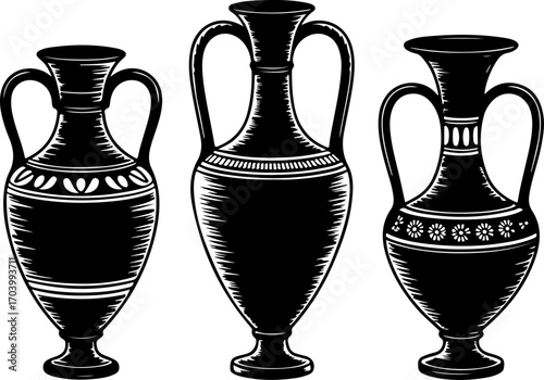 Sketch of three antique amphorae and vases vector illustration