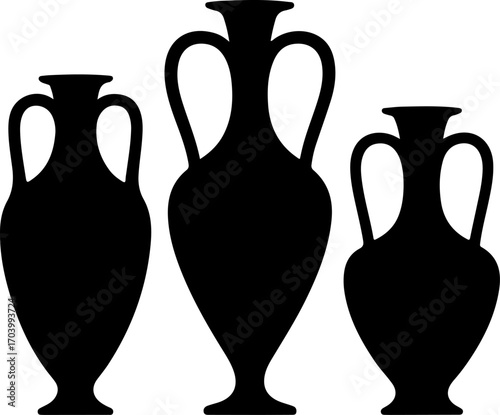 Sketch of three antique amphorae and vases vector illustration