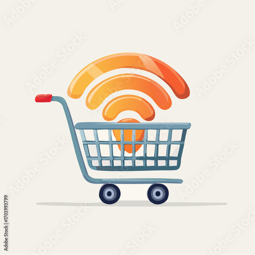 Shopping Cart With Wireless Symbol On Light Grey Background