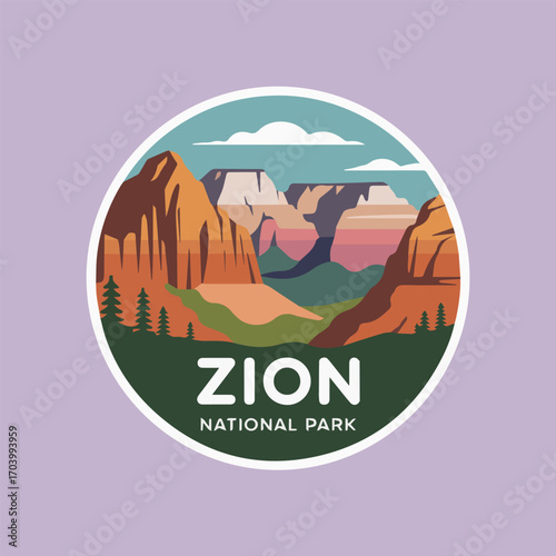 A vibrant illustration captures the essence of zion national park, showcasing its towering rock formations, lush greenery, and the iconic park name, inviting exploration and adventure