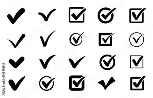 Collection of Black Check Mark Icons on White Background
