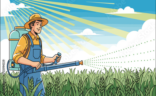 Farmer spraying plants with pesticide under bright sunny sky