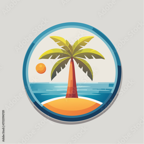 Pixel Art Tropical Island with Palm Tree and Ocean in Circular Frame