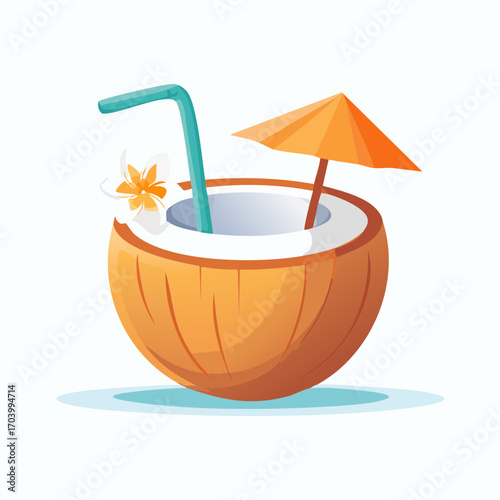 Tropical Coconut Drink With Flower And Umbrella