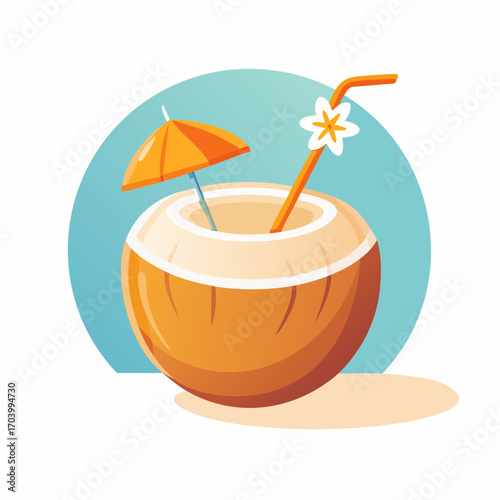 Fresh Coconut Drink With Orange Umbrella And Straw