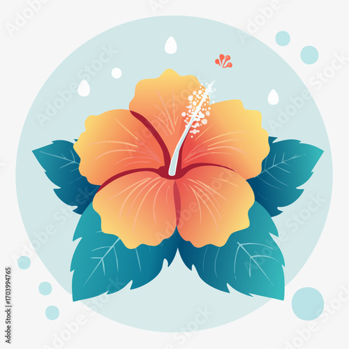 Orange Hibiscus Flower with Teal Leaves on Light Blue Circular Background