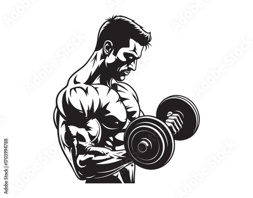 A cool silhouette of a buff bodybuilder working out his biceps with dumbbells - a cut-out vector icon, sticker, or decal.