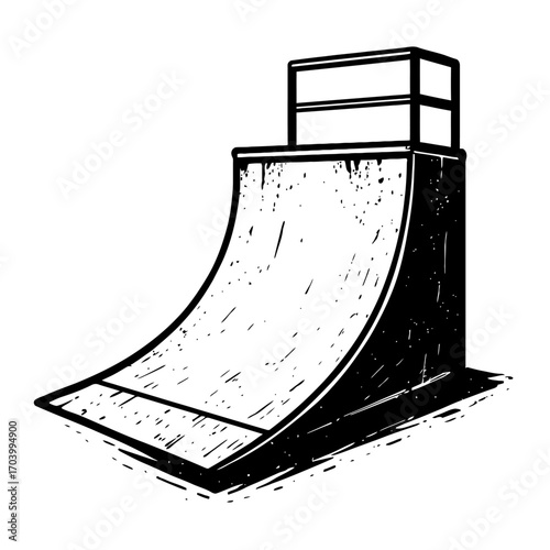 Dynamic black and white grunge illustration of a quintessential quarter pipe skateboard ramp with coping, perfect for extreme sports enthusiasts, action sports graphics, and urban recreation designs,