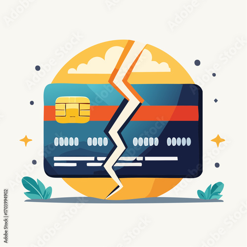 Broken Credit Card On Yellow Circle With Plants And Sparkles