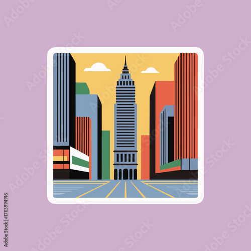 A vibrant sticker showcasing the iconic new york city skyline, featuring modern architecture and a clear sky, capturing the essence of urban life and travel destinations