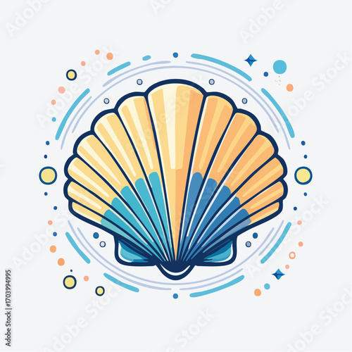 Blue And Yellow Scallop Shell With Geometric Pattern On White Background