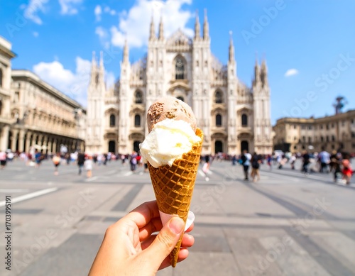 Hand holding ice cream cone in front of Milan Cathedral