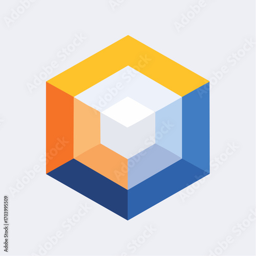 3D Geometric Cube with Orange Blue and White on Grey Background