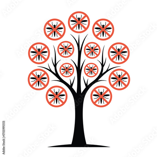 Black outline vector of a tree with mosquito prohibition icons as leaves, symbolizing awareness growth and disease prevention