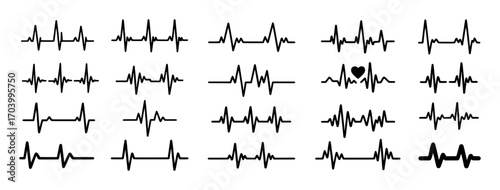 Collection of Diverse Heartbeat EKG Line Graphs and Icons