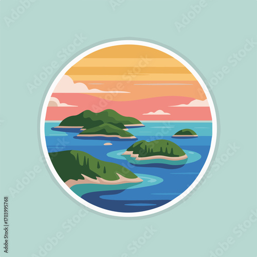 A serene island landscape unfolds under a vibrant sunset sky, with lush green islands dotting the tranquil blue waters, creating a peaceful and inviting scene in a round frame