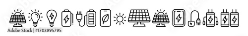 A collection of line icons representing solar energy, batteries, and electricity