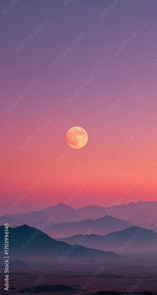 Fototapeta premium A serene, colorful sunrise or sunset over misty mountains, with a pale orange moon