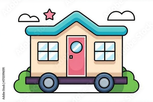 Whimsical cartoon house on wheels, representing a tiny home or mobile dwelling, set against a simple sky.