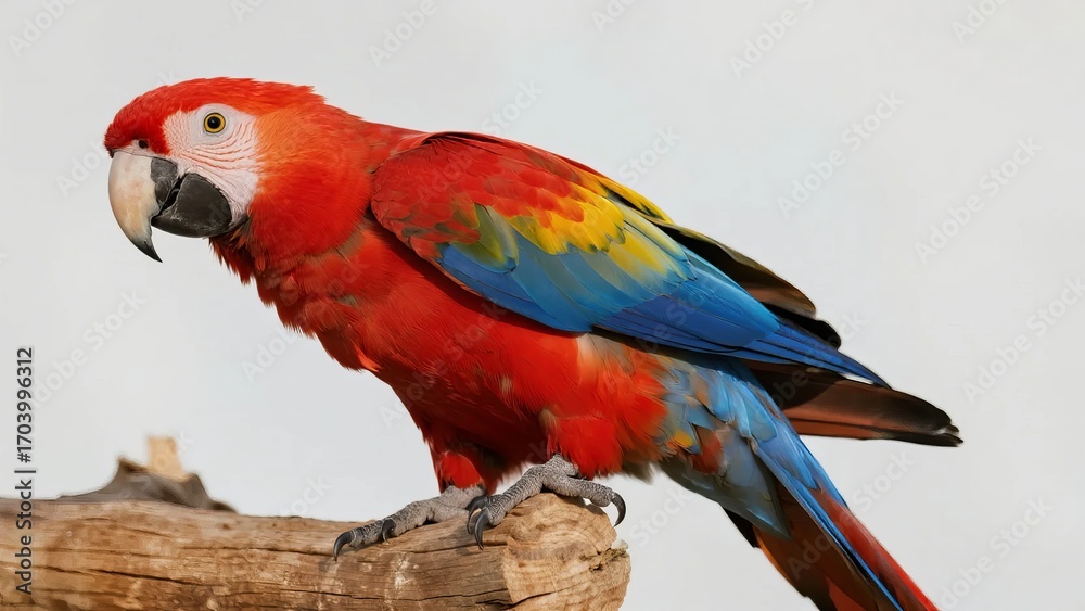 Fototapeta premium Vibrant Scarlet Macaw Perched on a Wooden Branch