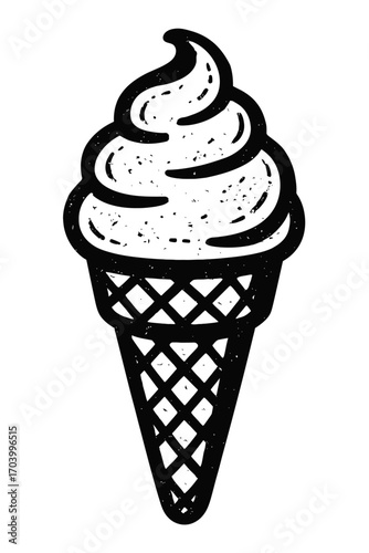 Black and White Hand-Drawn Soft Serve Ice Cream Cone Illustration. Vintage distressed outline sketch, perfect for retro dessert menus, summer treats, cafe branding, food blogs, sweet shops, frozen del