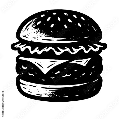 Delicious Classic Double Cheeseburger Vector Illustration with Rustic Vintage Woodcut Style, Ideal for Retro Diner Menus, Fast Food Graphics, Restaurant Branding, Culinary Blogs, and Food Service Prom