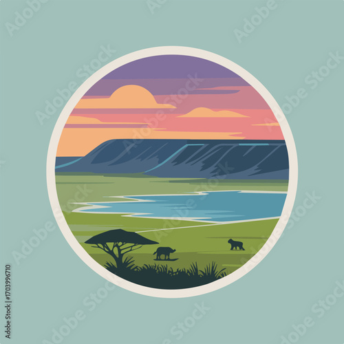 Serene african savanna landscape illustration with a watering hole, grazing lions, and a vibrant sunset, capturing the essence of wildlife and nature in a minimalist style