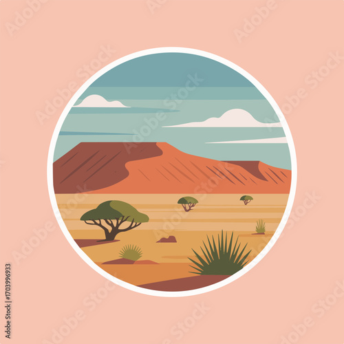 Vibrant vector illustration of an arid desert landscape with dunes, sparse vegetation, and clear sky, capturing the beauty and solitude of the desert environment