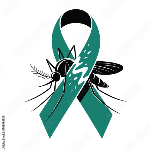 Bold vector of a fragmented mosquito inside a looped teal awareness ribbon, symbolizing disease disruption and mosquito-borne illness prevention